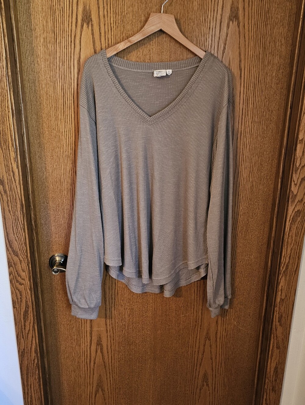 White Crow Taupe Ribbed V-Neck Long Sleeve Top